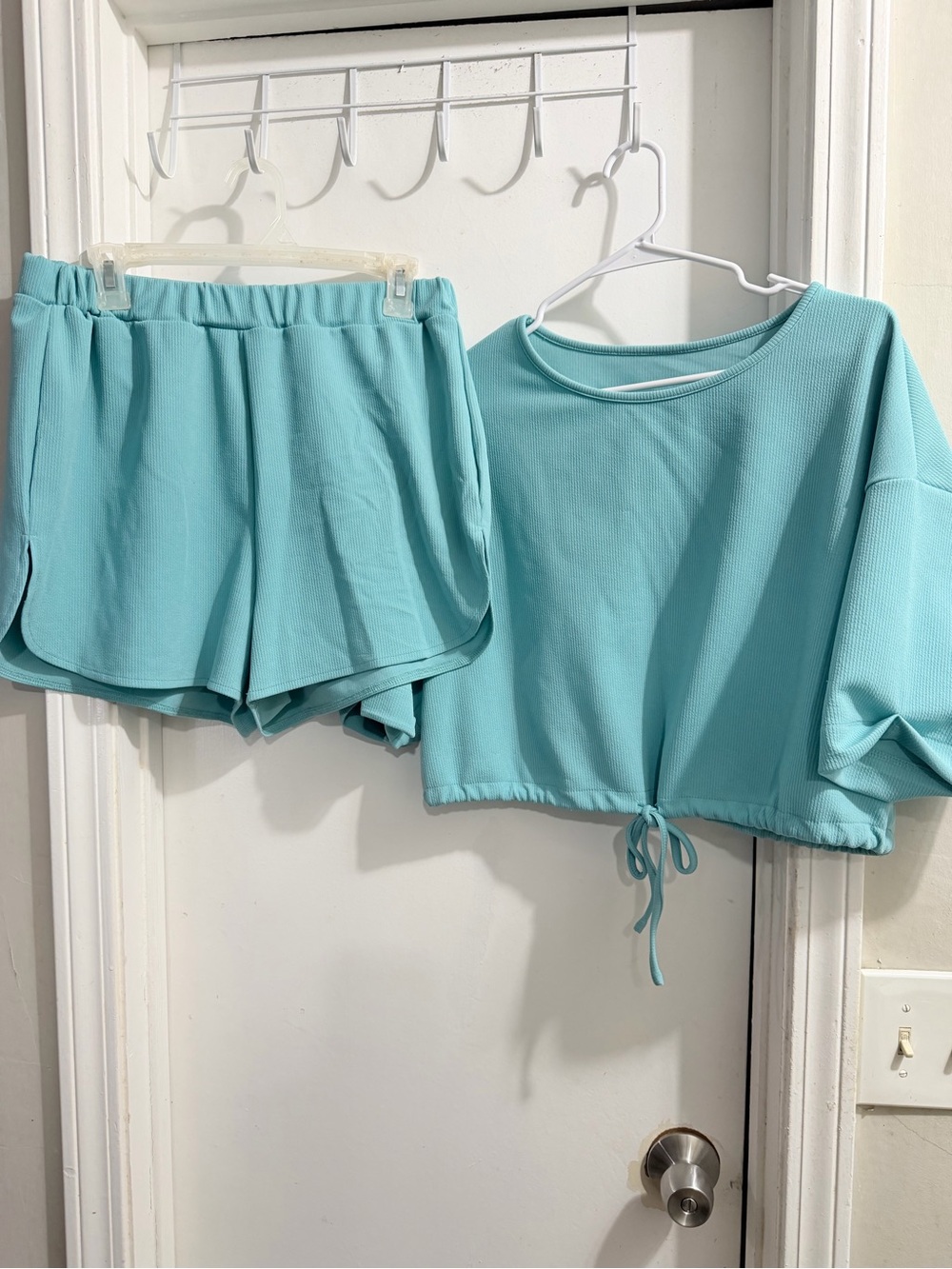 Women’s Aqua Drawstring Crop Top & Shorts Set